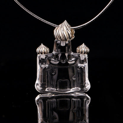 Clear Quartz Carved Castle with 925 Sterling Silver Pendant 26x20x10mm, 6.7g