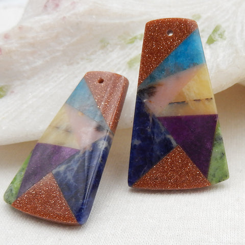 Intarsia of Red Sand Sun Stone, Apatite, Pink opal, African Sodalite,Yellow Opal, Sugilite, Serpentine Earring Beads 36x22x5mm, 10.5g