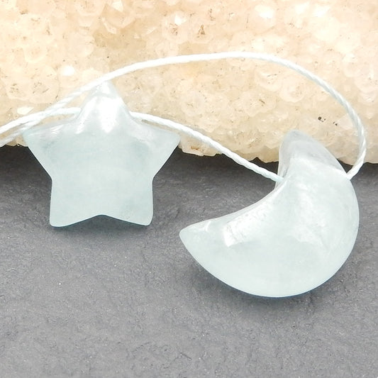 Blue Aquamarine Gemstone Cabochon Pair which star and moon shape, 9X9X7mm,17x11x7mm,2.7g