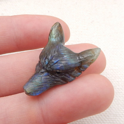 Natural Labradorite Carved wolf head Pendant Bead 28x20x9mm, 4.2g