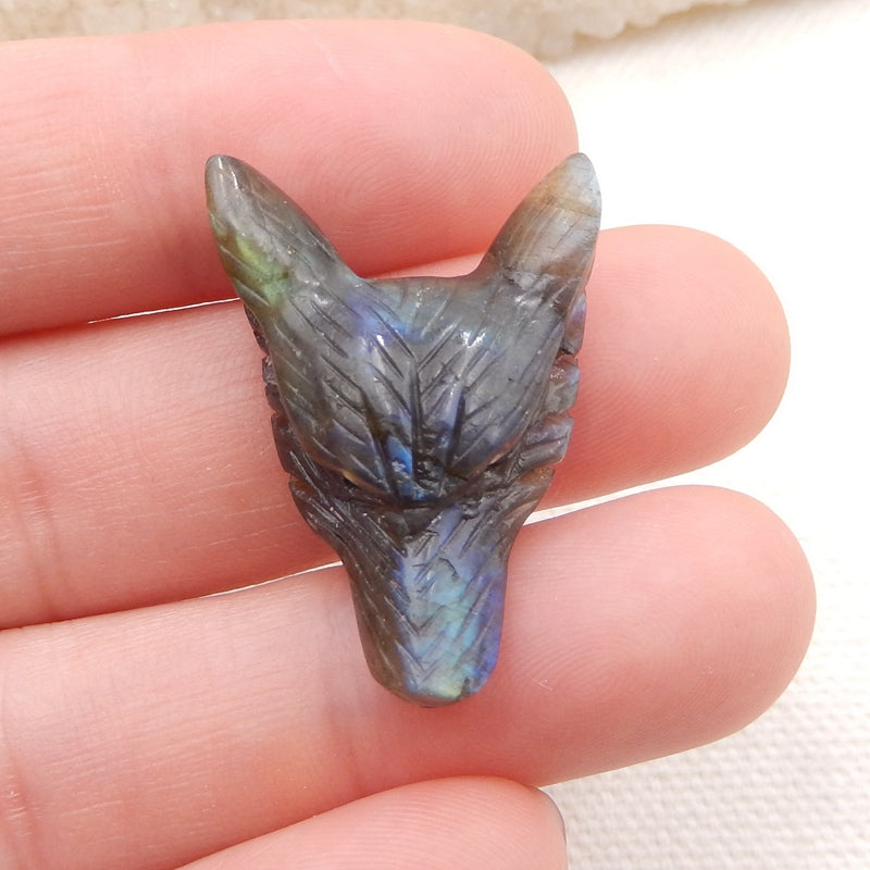 Natural Labradorite Carved wolf head Pendant Bead 28x20x9mm, 4.2g