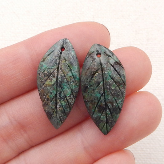 Natural African Turquoise Carved Leaf Earring Beads 26x13x4mm, 3.6g