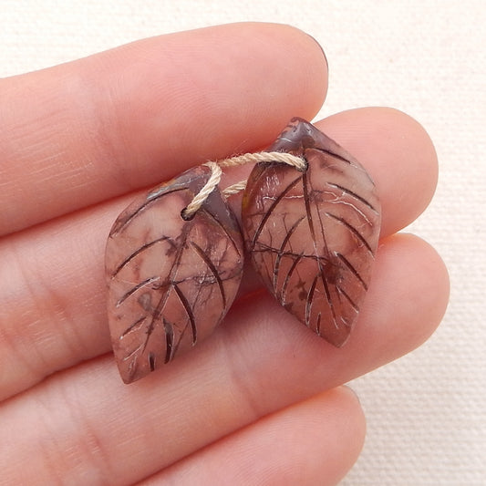 Natural Red Creek Jasper Carved leaf Earring Beads 24x14x4mm, 3.1g