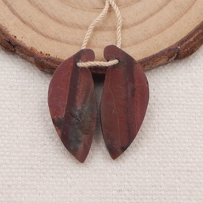 Natural Red Creek Jasper Carved Leaf Earring Beads 26x11x4mm, 3.4g