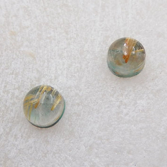 1 对金金红晶石英和 Chrysocolla 圆形宝石凸圆形宝石，7x7x5 毫米，0.8 克