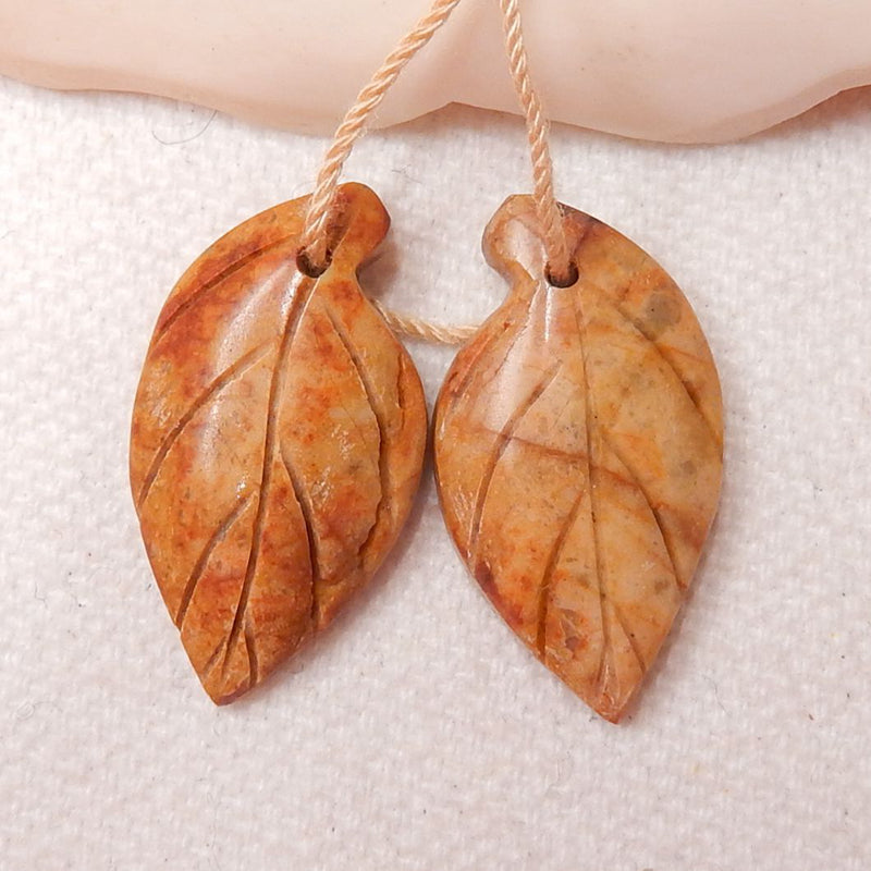 Jasper Carved Leaf Earrings Stone Pair, 24x13x4mm, 3.7g - MyGemGarden