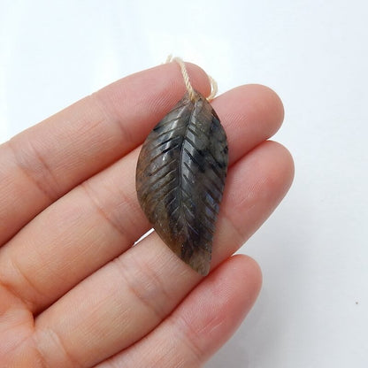 Natural Labradorite carved leaf Pendant Bead, 37x18x5mm, 4.6g - MyGemGarden