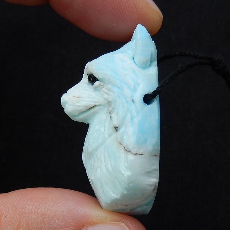 Unique larimar Handmade carved wolf head pendant bead, 34x21x17mm, 11.6g - MyGemGarden