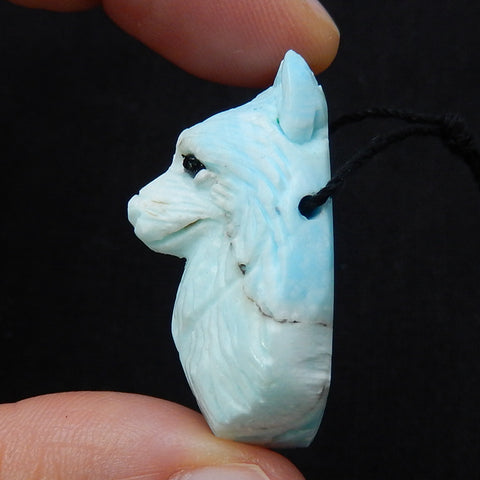Unique larimar Handmade carved wolf head pendant bead, 34x21x17mm, 11.6g - MyGemGarden