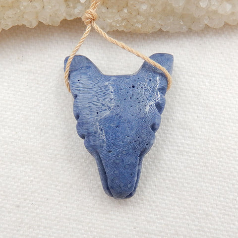 Handmade Blue Coral Carved Wolf Head Pendant Bead, 33x24x11mm, 8.2g - MyGemGarden