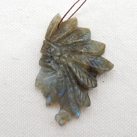 Vintage Hand Carved Labradorite Gemstone Indian Head Pendant, 49x32x9mm, 14.0g