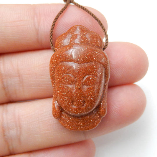 Carved Red Goldstone Guanyin Head Pendant Stone, 29x17x10mm, 7.4g - MyGemGarden