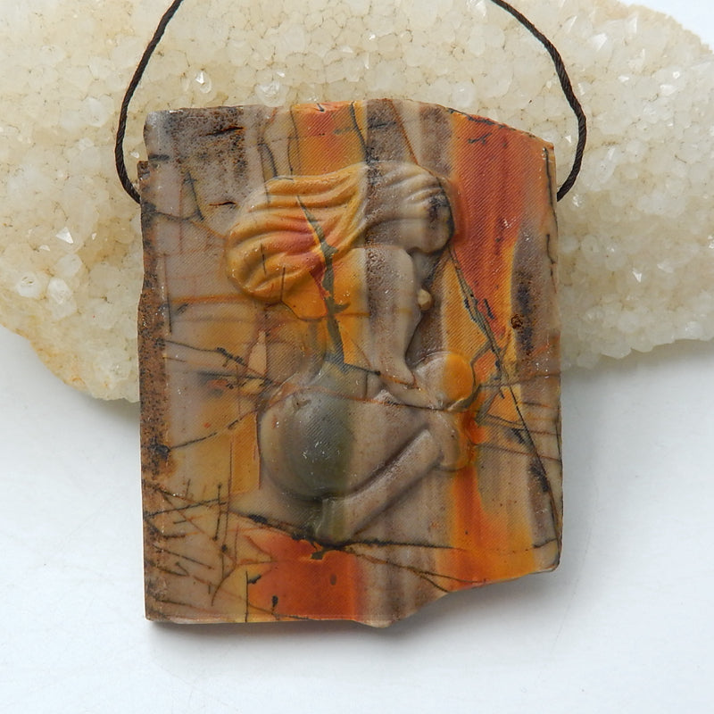 Gorgeous Pendant, Carved Multi-Color Picasso Jasper Gemstone Pendant, Sexy Lady, Carving Collection, 51x51x11mm, 57.4g - MyGemGarden