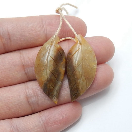 Hot sale Amazonite Carved leaf Earrings Pair, 32x14x5mm, 5.7g - MyGemGarden