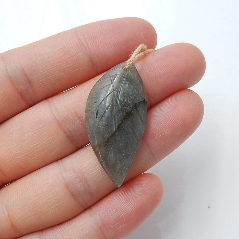 Natural Labradorite carved leaf Pendant Bead, 33x16x5mm, 3.5g - MyGemGarden