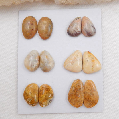 Sale 6 Pairs Indonesian Fossil Coral Gemstone Cabochons, 15x10x4mm, 18x10x4mm, 10.6g - MyGemGarden