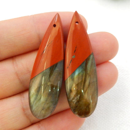 Labradorite and Red River Jasper Teardrop Glued Earrings Stone Pair, 42x13x5mm, 8.8g - MyGemGarden
