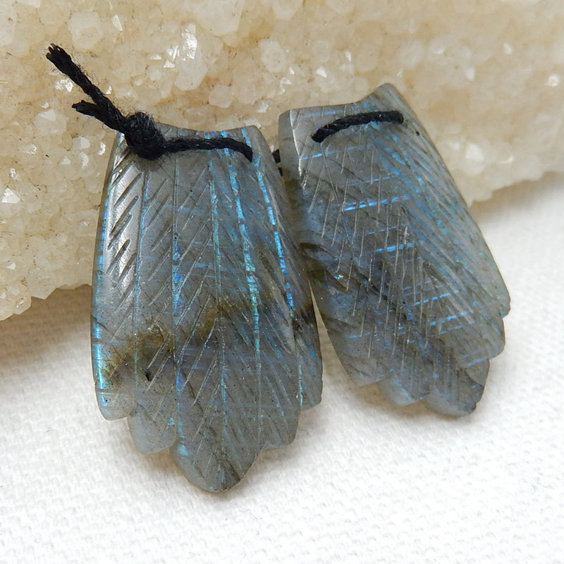 Labradorite Carved Feather Earrings Pair, Handcarved Gemstone Feather Dangle Earrings, 31x19x4mm, 8.9g - MyGemGarden