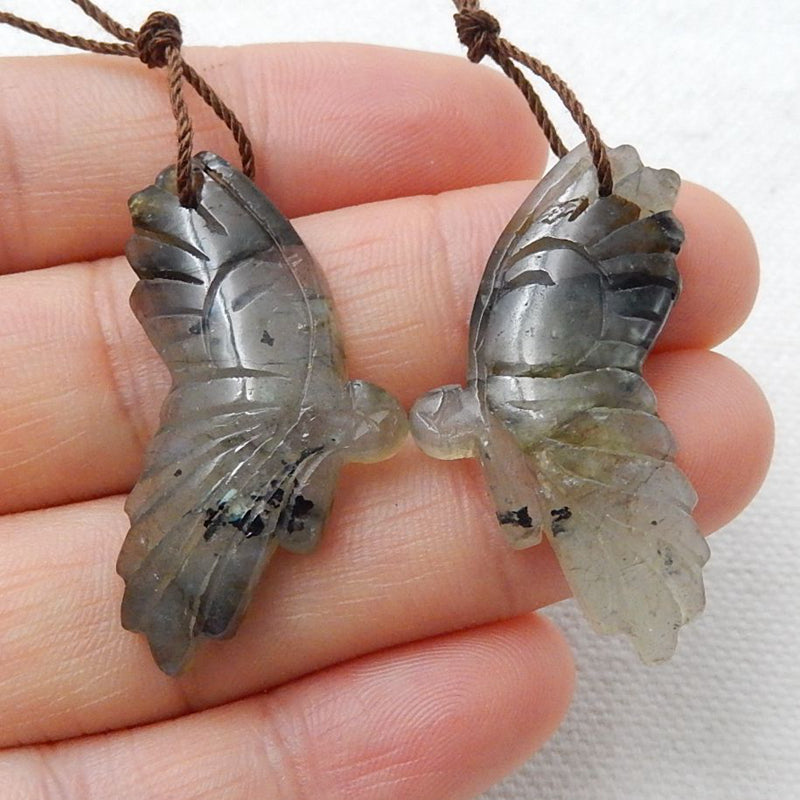 Labradorite Carved Butterfly Earrings Stone Pair, 34x16x5mm, 7.7g - MyGemGarden