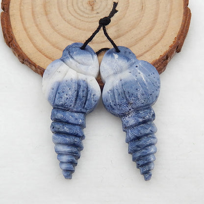 Carved Shell Shaped Blue Coral Earrings Stone Pair, 43x19x5mm, 7.5g