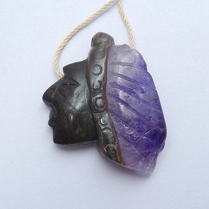 Natural Amethyst Carved Indian Head Gemstone Pendant Bead, 32x24x8mm, 7.5g - MyGemGarden