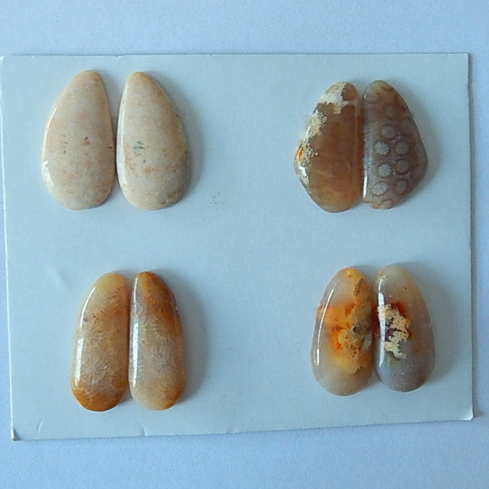 4 Pair Natural Indonesian Fossil Coral Cabochon Pair,19x15x3mm,18x9x4mm,7.7g - MyGemGarden