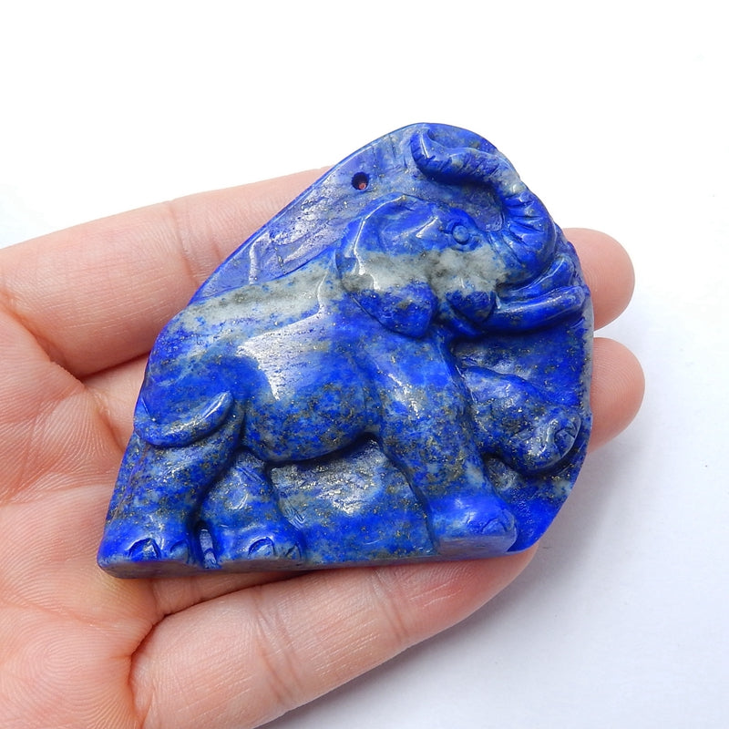 Handmade Lapis Lazuli Carved Elephant Pendant Bead, 52x52x11mm, , 56.7g - MyGemGarden