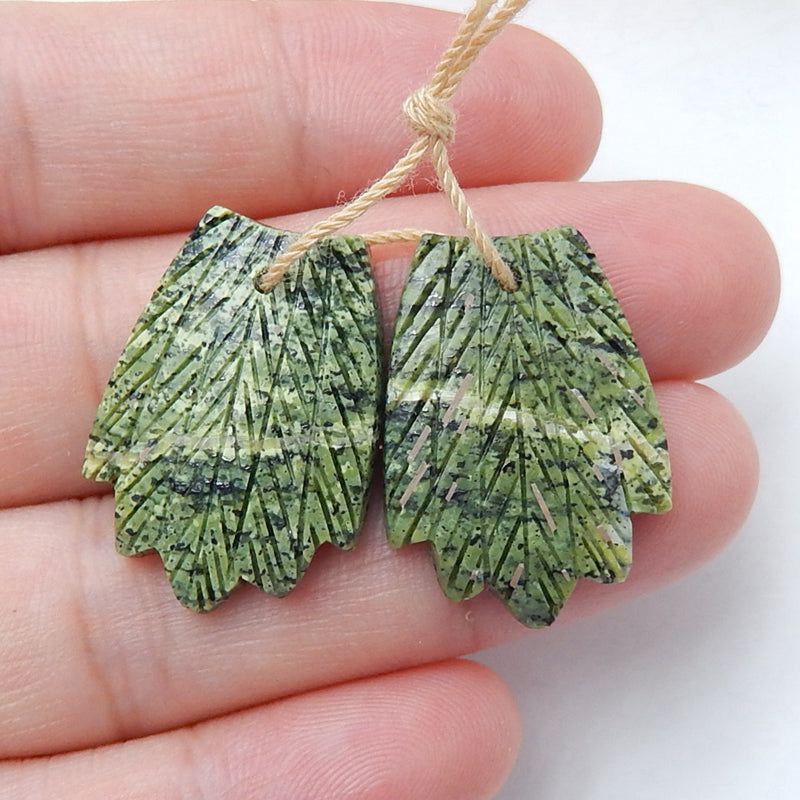 Carved Camouflage Jasper Feather Earrings,Handcarved Gemstone Feather Dangle Earrings,Natural Jewelry,25x18x4mm,5.2g - MyGemGarden