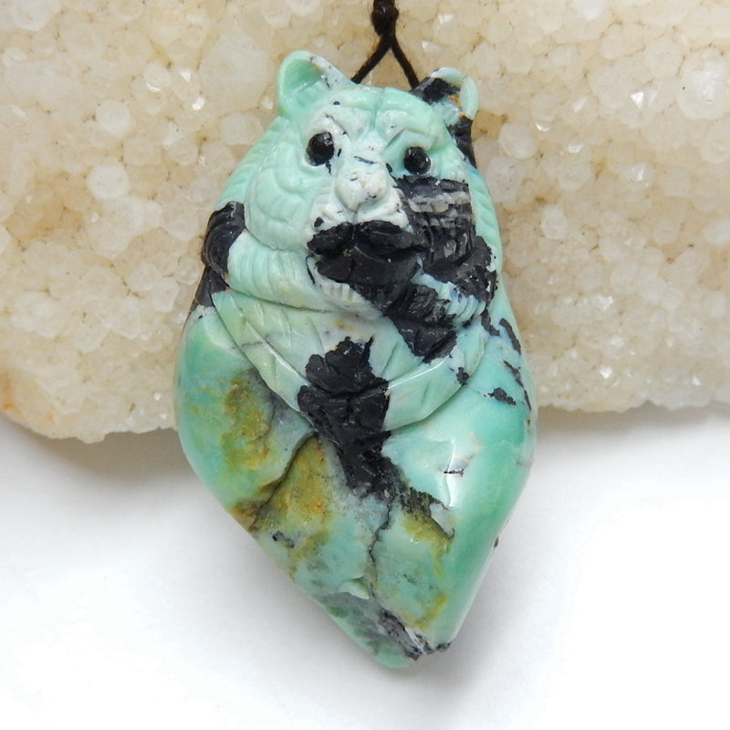 Unique Green Turquoise Handmade carved Tiger head pendant bead, 50x30x19mm, 26.7g - MyGemGarden