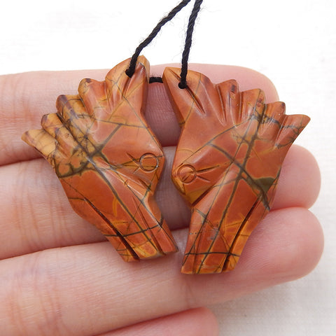 Natural Red Creek Jasper Carved wolf head Earring Beads 30x25x5mm, 8.3g