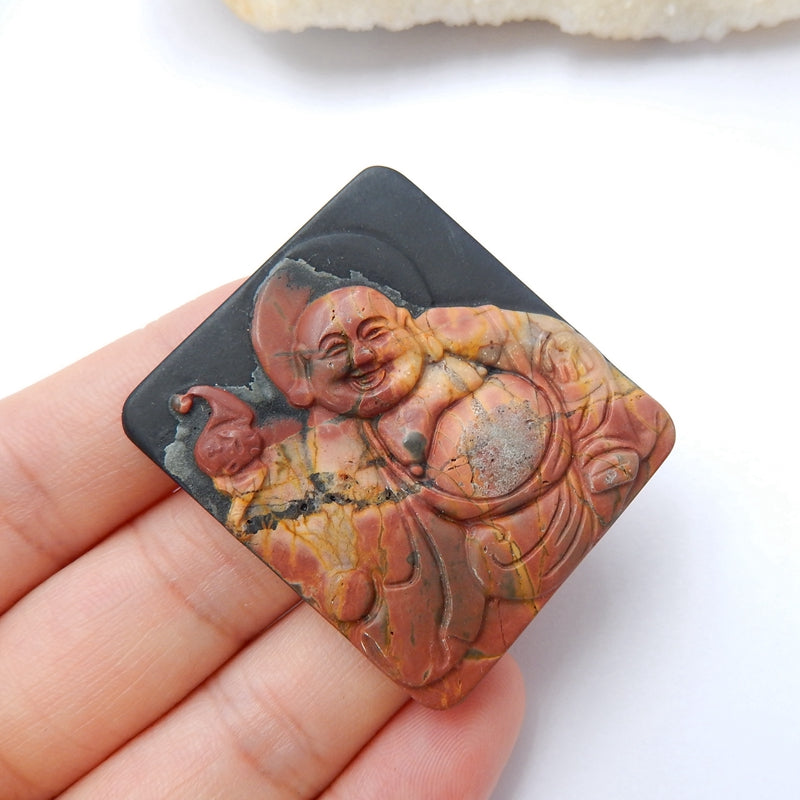 Carved buddha Multi-Color Picasso jasper and Obsidian Glued Gemstone Cabochon, 40x35x5mm, 13g - MyGemGarden