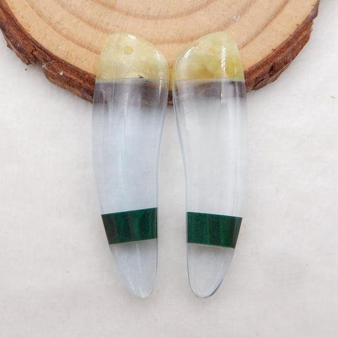Yellow Opal, Malachite and Quartz Glued Gemstone Earrings Stone Pair, 44x12x5mm, 7.7g