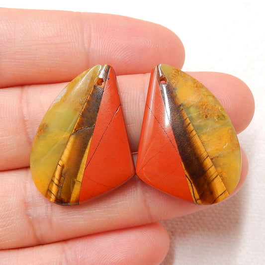 Yellow Opal, Tiger-Eye And Red River Jasper Glued Gemstone Earrings Stone Pair, 27x20x4.5mm, 6.5g - MyGemGarden