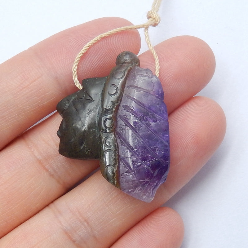 Natural Amethyst Carved Indian Head Gemstone Pendant Bead, 32x24x8mm, 7.5g - MyGemGarden