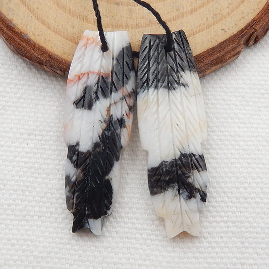 White Zabra Jasper Carved Feather shaped Earrings Stone Pair, 37x12x3mm, 5.9g