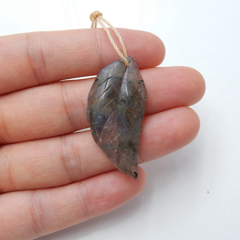 Natural Labradorite carved leaf Pendant Bead, 37x17x4mm, 4.0g - MyGemGarden