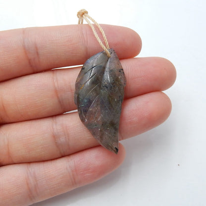 Natural Labradorite carved leaf Pendant Bead, 37x17x4mm, 4.0g - MyGemGarden