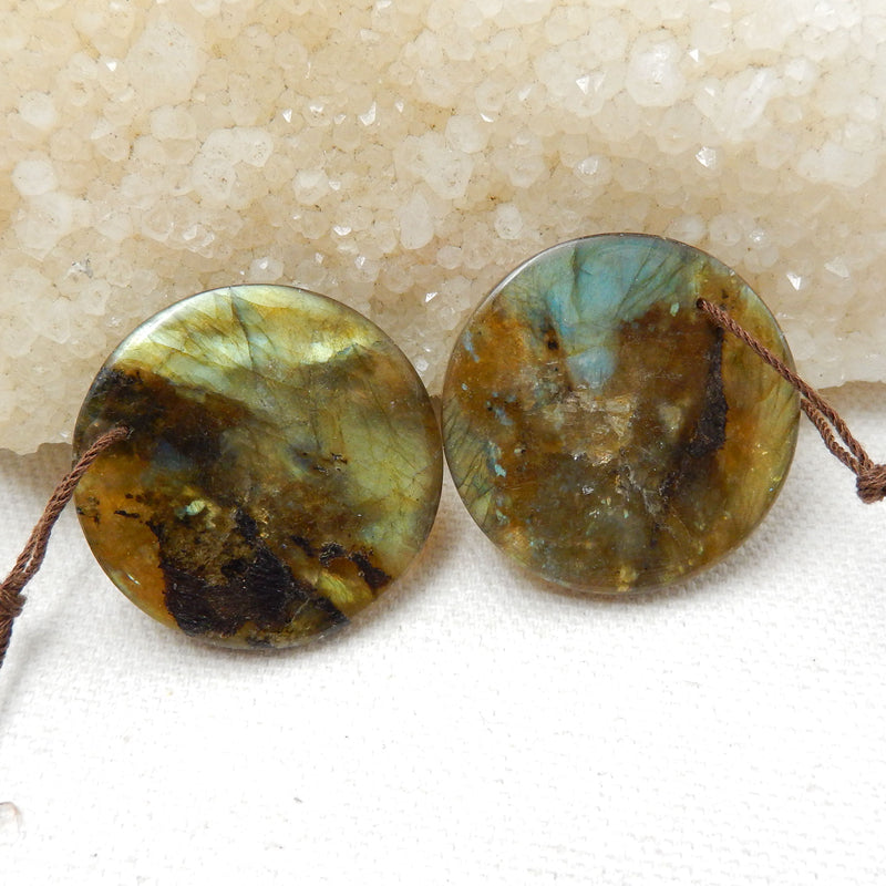 Natural Labradorite Round Earrings Pair, stone for Earrings making, 30x4mm, 15.4g - MyGemGarden