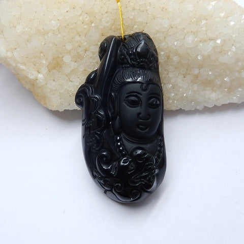 Handmade Obsidian Carved guanyin buddha Pendant Bead, 67x36x14mm, , 47.4g - MyGemGarden