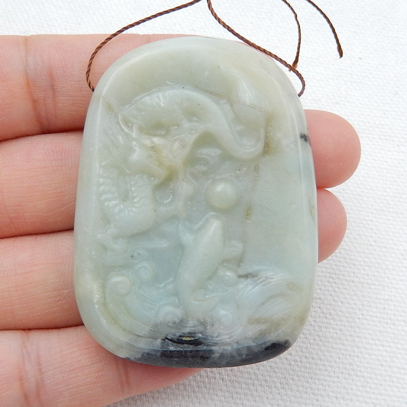Handcrafted Carved Amazonite Dragon and Fish Pendant Bead, 51x37x7mm, 26.4g - MyGemGarden