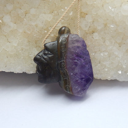 Natural Amethyst Carved Indian Head Gemstone Pendant Bead, 32x24x8mm, 7.5g - MyGemGarden