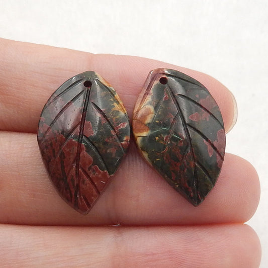 Multicolor Picasso Jasper Carved Leaf Earrings Stone Pair, 22x14x4mm, 3.6g