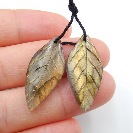 Labradorite Carved Leaf Earrings Stone Pair, 26x12x4mm, 3.8g - MyGemGarden