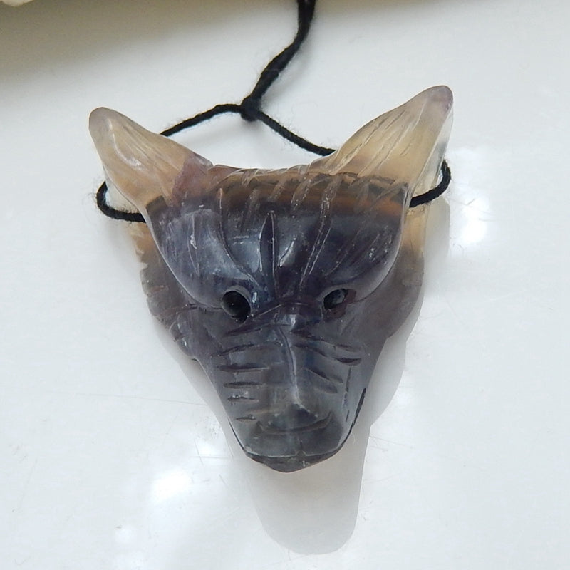 Handmade Fluorite Carved Wolf Head Pendant Bead, 31x29x12mm, 11.9g - MyGemGarden