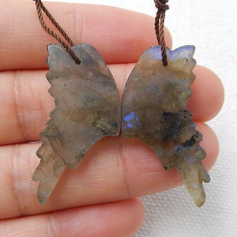 Labradorite Carved Wings Earrings Stone Pair, 32x16x5mm, 6.9g - MyGemGarden