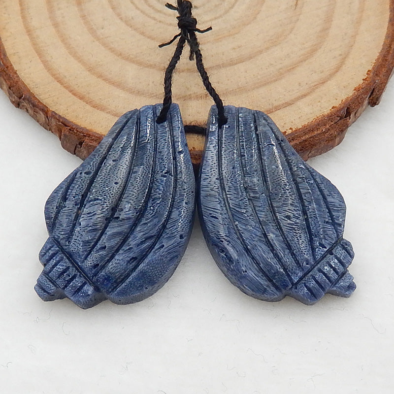 Carved Shell Shaped Blue Coral Earrings Stone Pair, 31x19x5mm, 7.2g