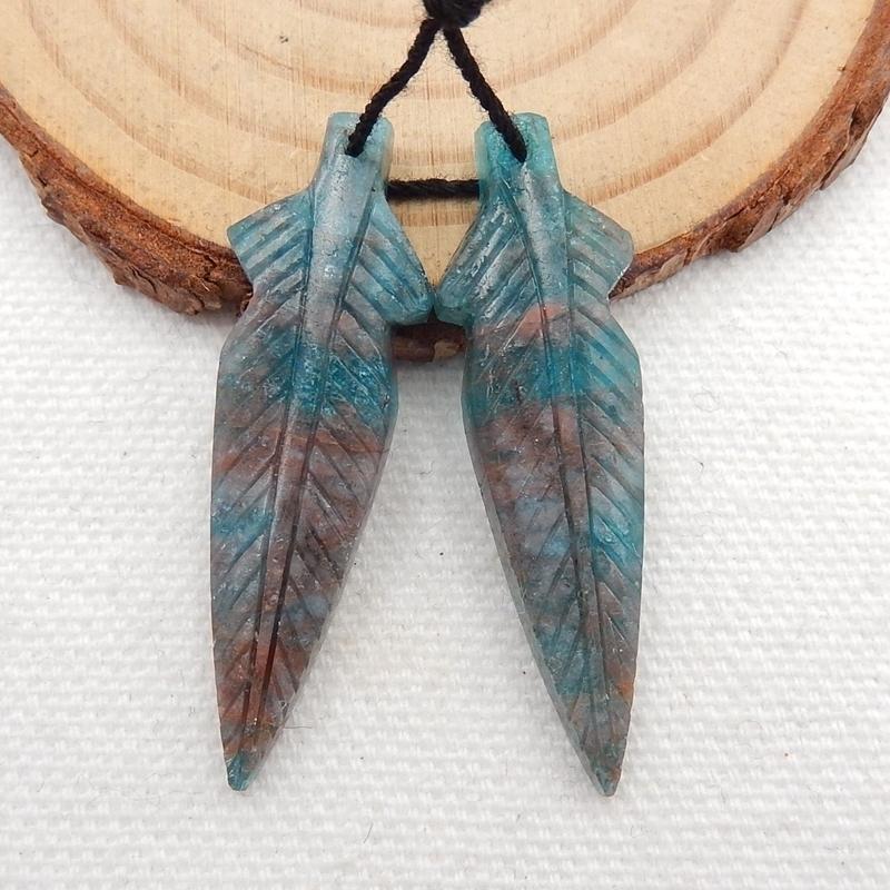 Carved Blue Apatite Leaf Earrings, 40x12x5mm, 6.9g - MyGemGarden