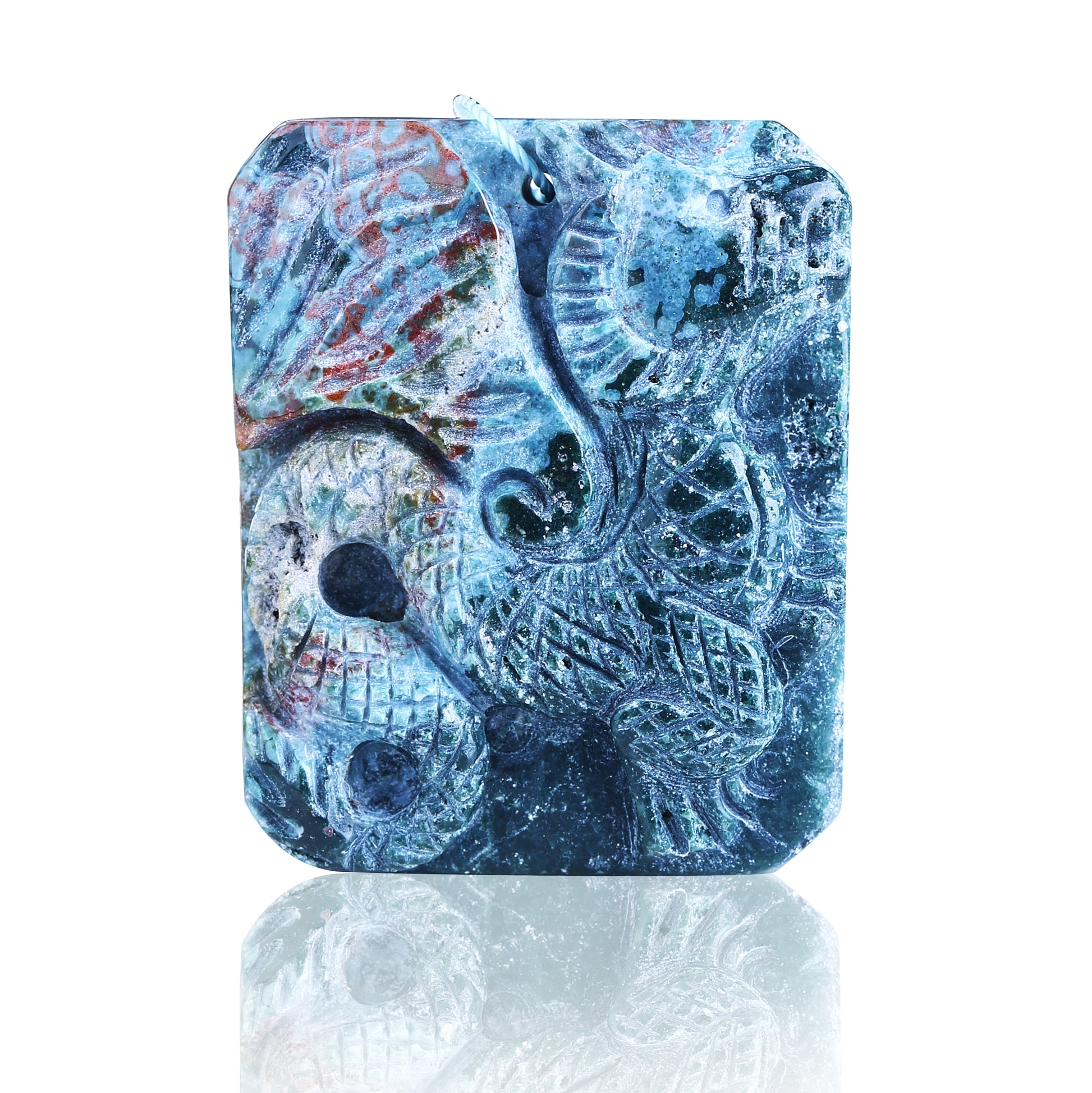 Beautiful Carved Dragon Ocean Jasper Pendant Beads.41x42x9mm, 33g - MyGemGarden