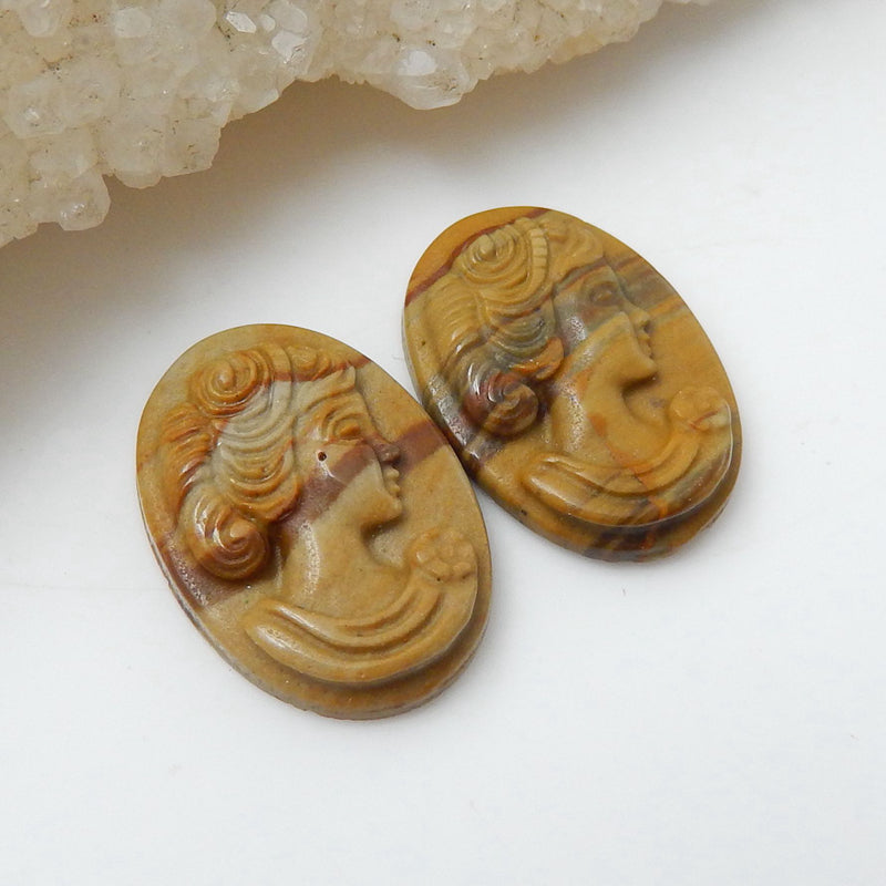 Carved Multicolor Picasso Jasper Woman Gemstone Cabochon Pair, 18x23x4mm, 3.2g - MyGemGarden