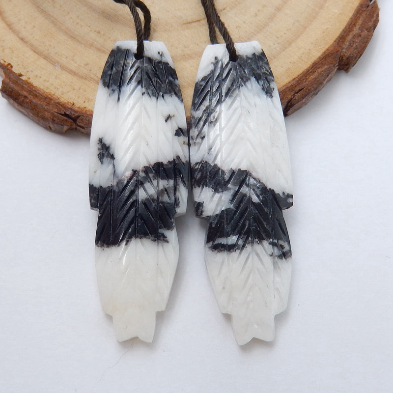 New!! Hand Carved White Zebra Jasper Feather Earrings,Natural Stone, 40x13x4mm,7.5g - MyGemGarden